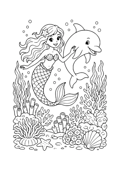mermaid and dolphin coloring page