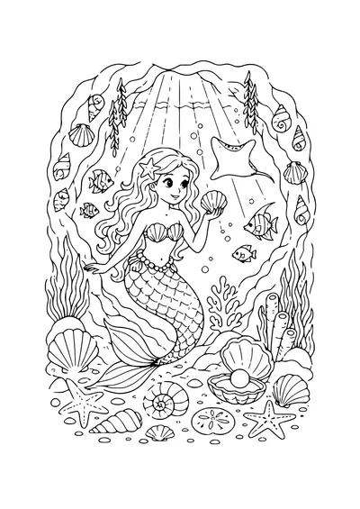 mermaid in a sea cave coloring page
