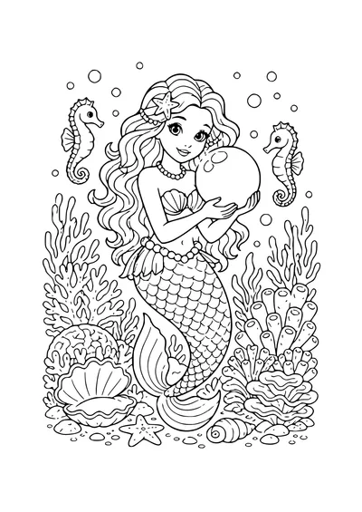 mermaid with a pearl coloring page