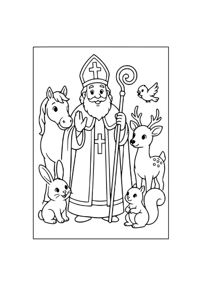 Ausmalbild Sankt Nikolaus mit Geschenken