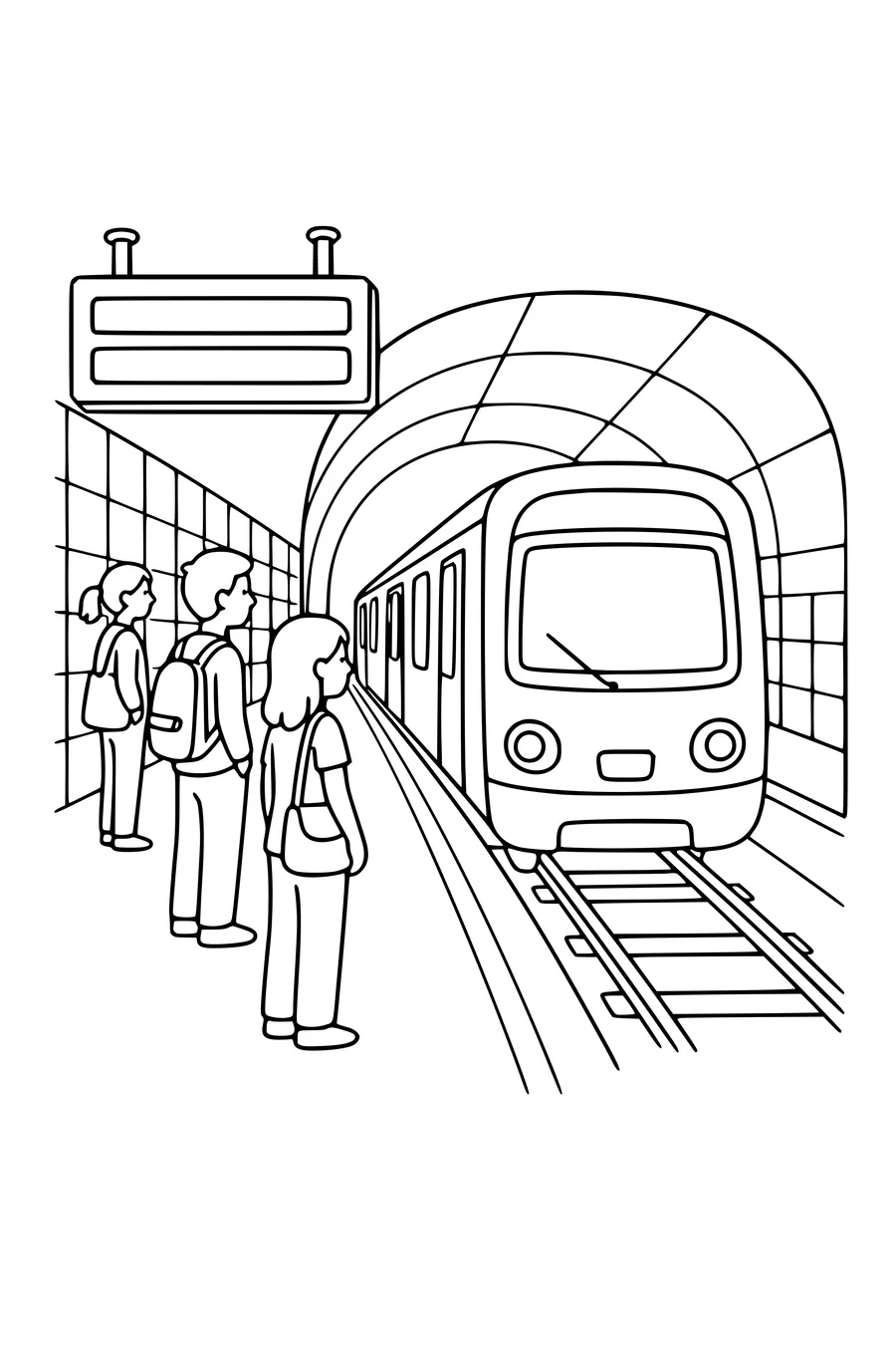 Coloring page of a metro train arriving at an underground platform