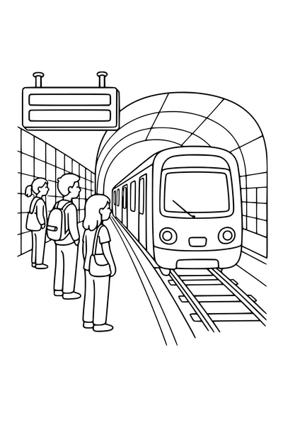 Coloring page of a metro train arriving at an underground platform