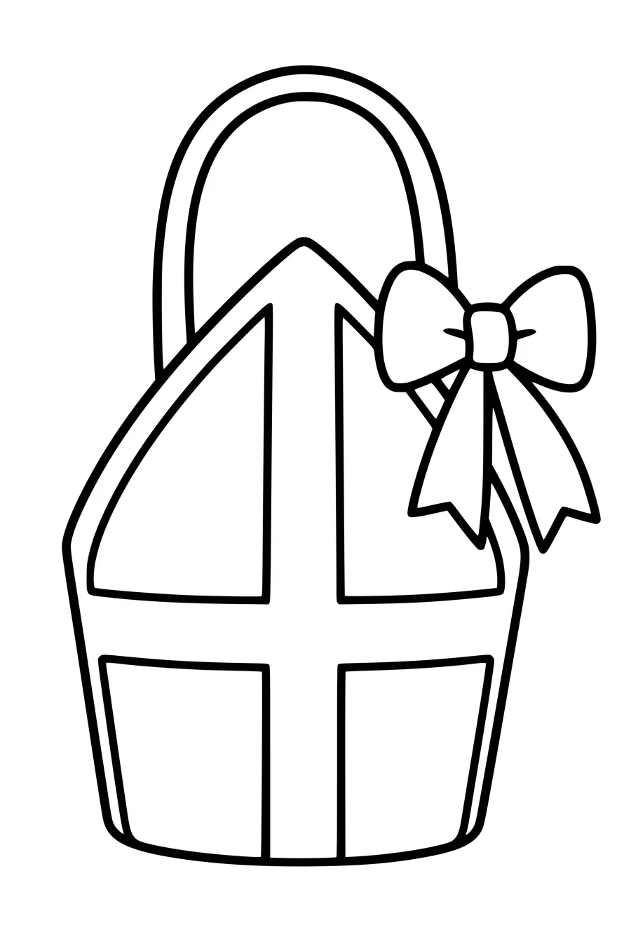 Un petit sac-cadeau en forme de mitre, avec une anse et un grand nœud.