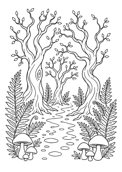 Difficult adult landscape coloring page: misty forest with ancient trees