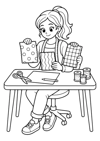Free printable coloring page of fashion designer chooses fabrics