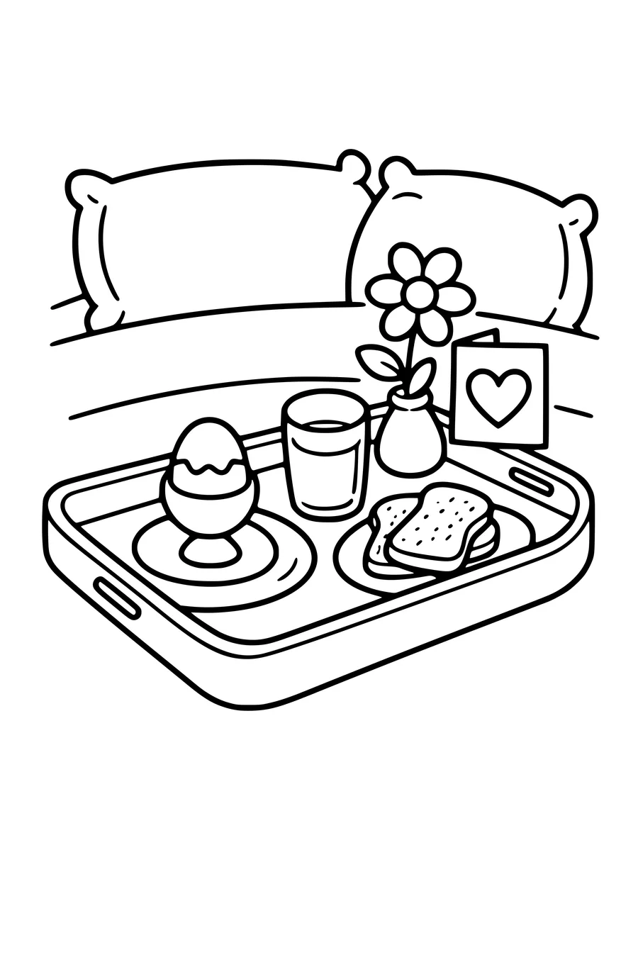 Coloring page of a breakfast tray on a bed with a flower and a card