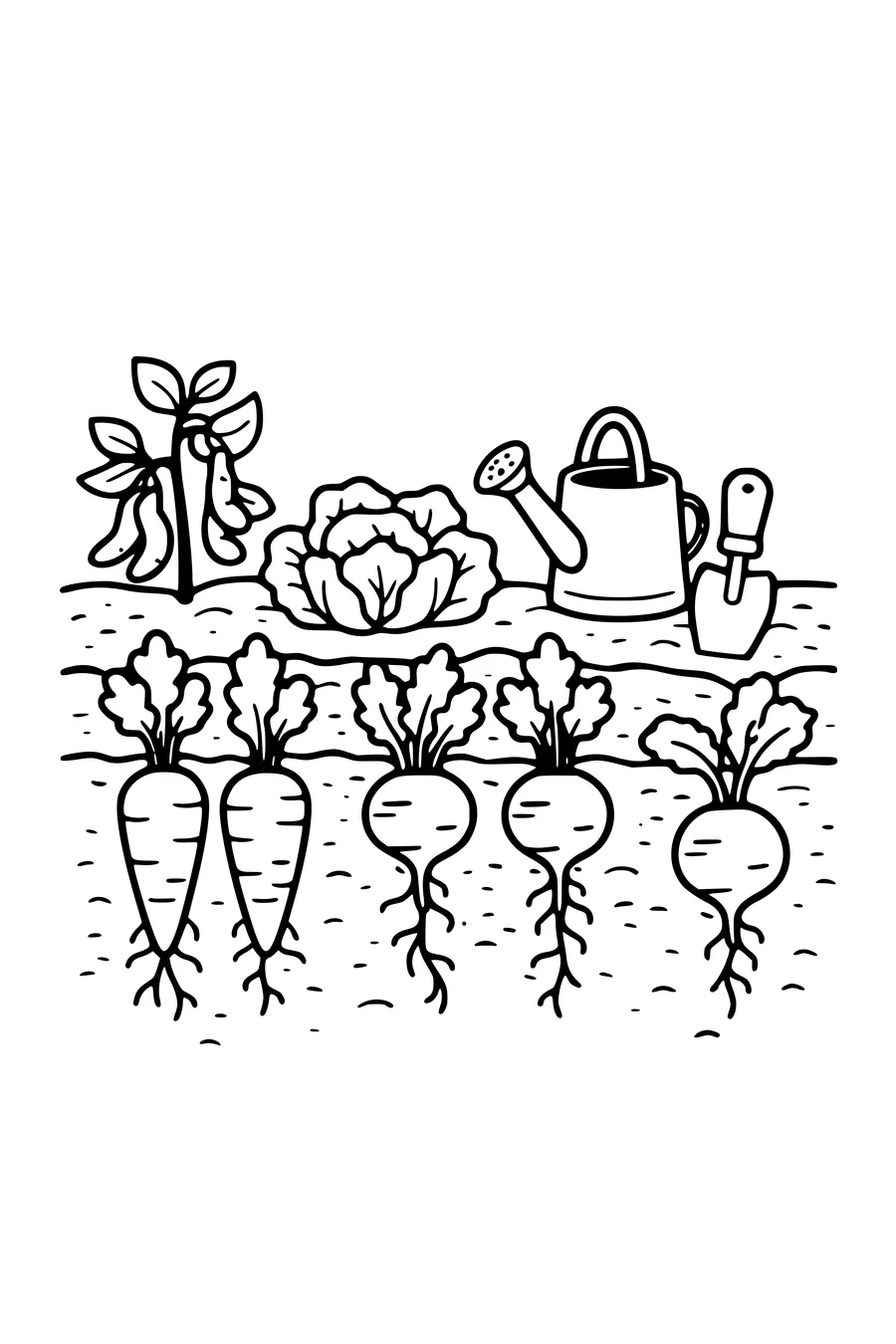 Kleurplaat van een moestuin met wortels onder de grond