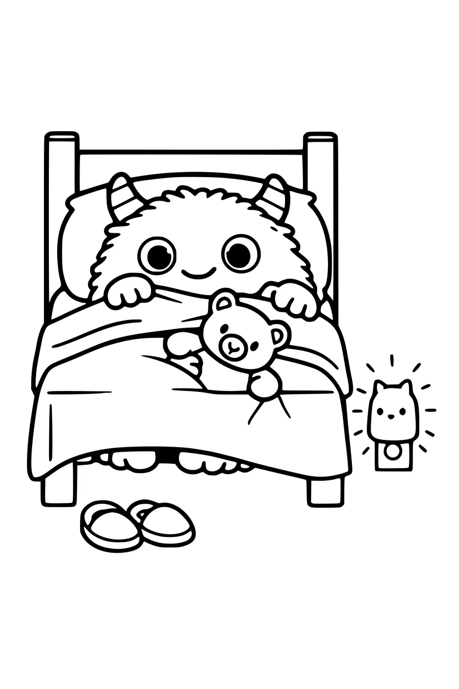 Coloring page of a friendly monster under a bed holding a teddy bear