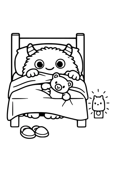 Kleurplaat van een vriendelijk monster onder het bed met een teddybeer