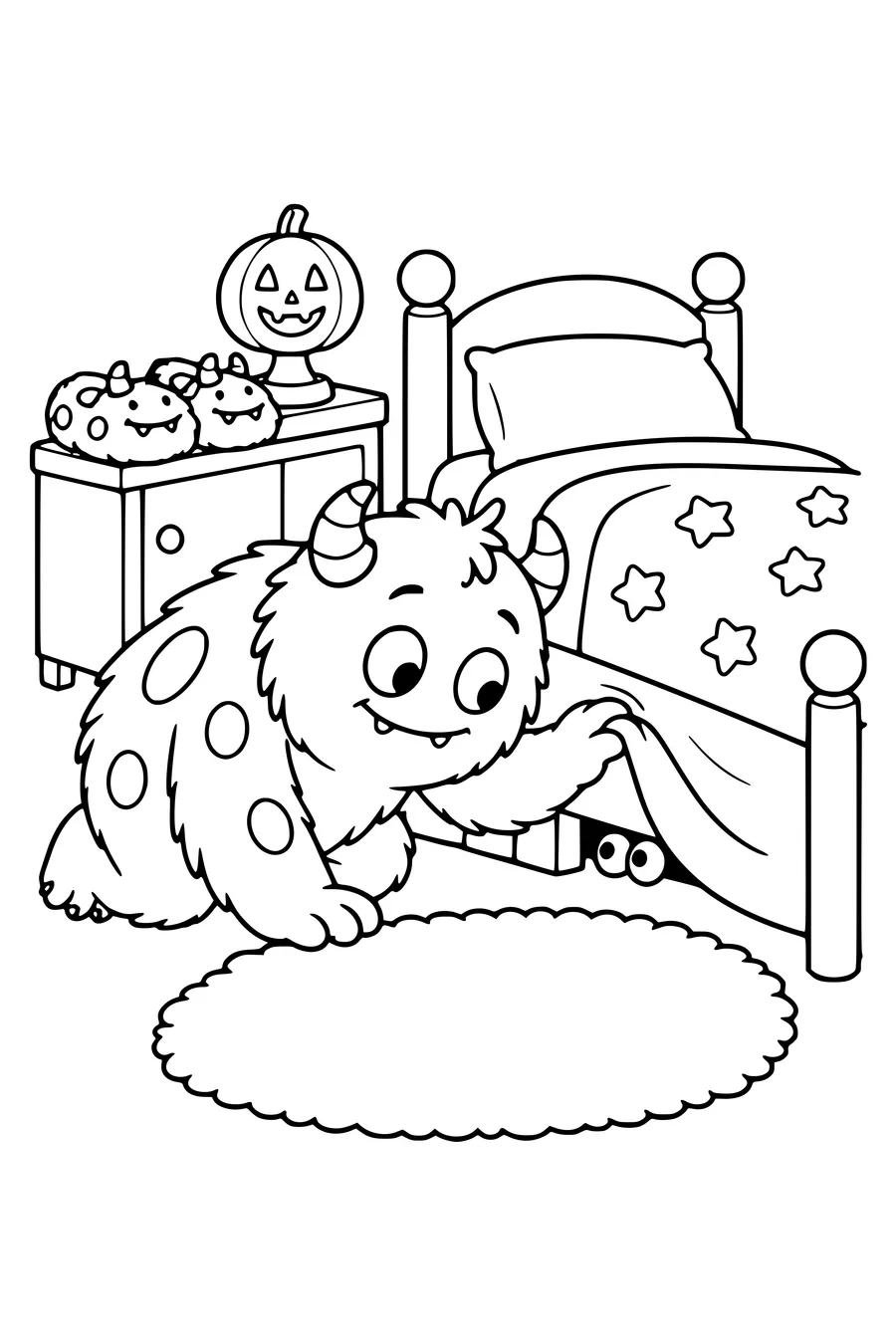 Un monstre encore tout endormi regarde sous un lit tandis que ses chaussons sont posés sur une commode.