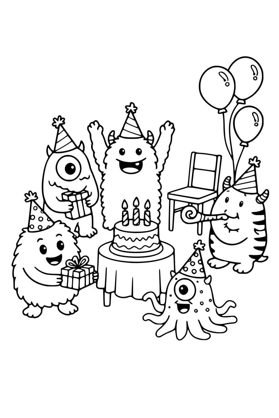 Coloring page of five monsters at a party with cake and balloons