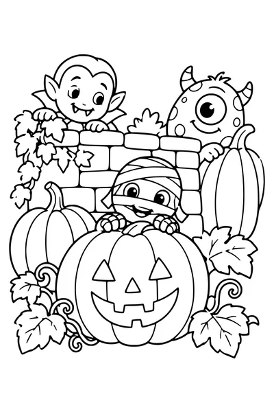 Three original friendly Halloween monsters play hide-and-seek among large pumpkins and a low garden wall.