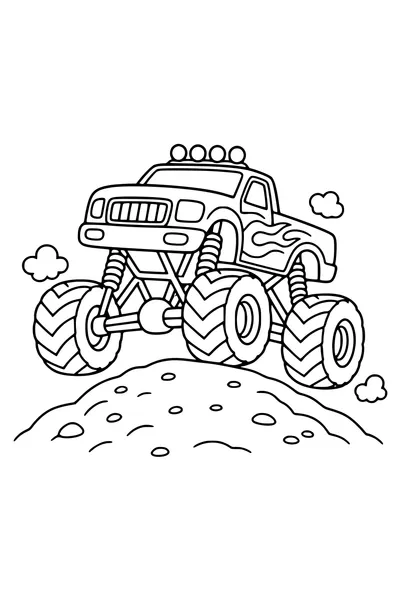 Printbare kleurplaat van monstertruck over een heuvel