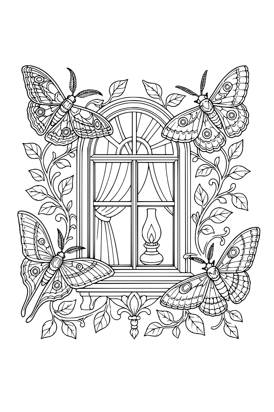 coloriage quatre papillons de nuit autour d'une fenêtre éclairée