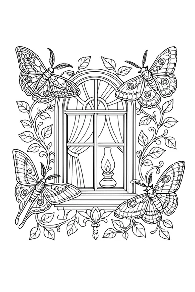 Coloring page of four moths around a lit window at night