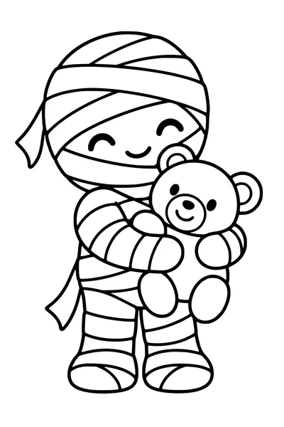 A friendly little mummy with broad bandages hugs a simple teddy bear.