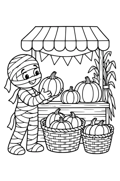 A friendly mummy chooses a pumpkin at a market stall with a striped canopy and wicker baskets.