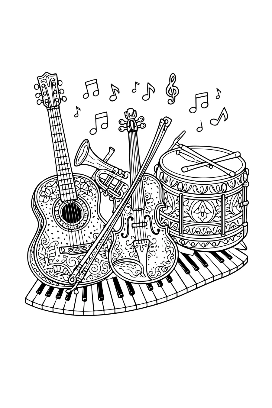 Kleurplaat van een gitaar, trompet, viool, trommel en klavier samen