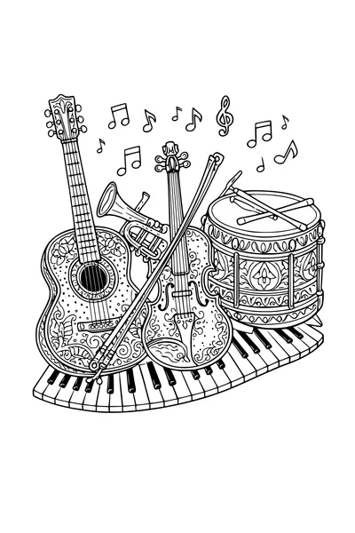 Coloring page of a guitar, trumpet, violin, drum and keyboard together