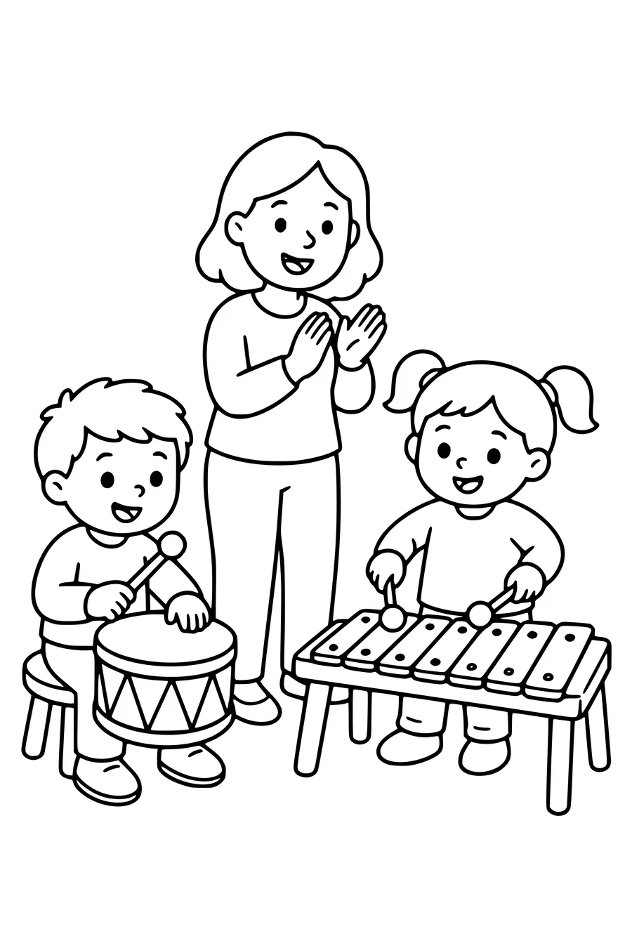 Gratis printbare school kleurplaat van muziekles met trommel en xylofoon in de klas