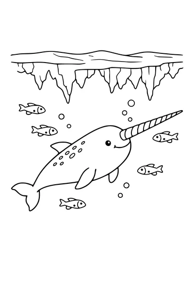 Coloring page of a narwhal with a spiral tusk swimming beneath cracked sea ice