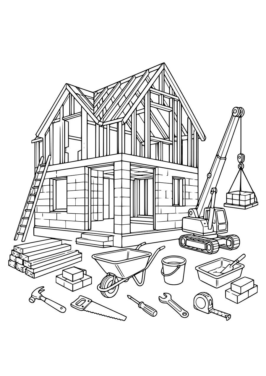 Free printable coloring page new house under construction