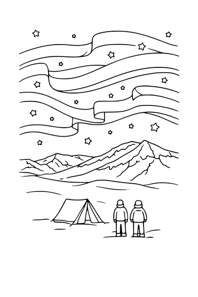 Kleurplaat van noorderlicht boven een besneeuwde bergkam met tent