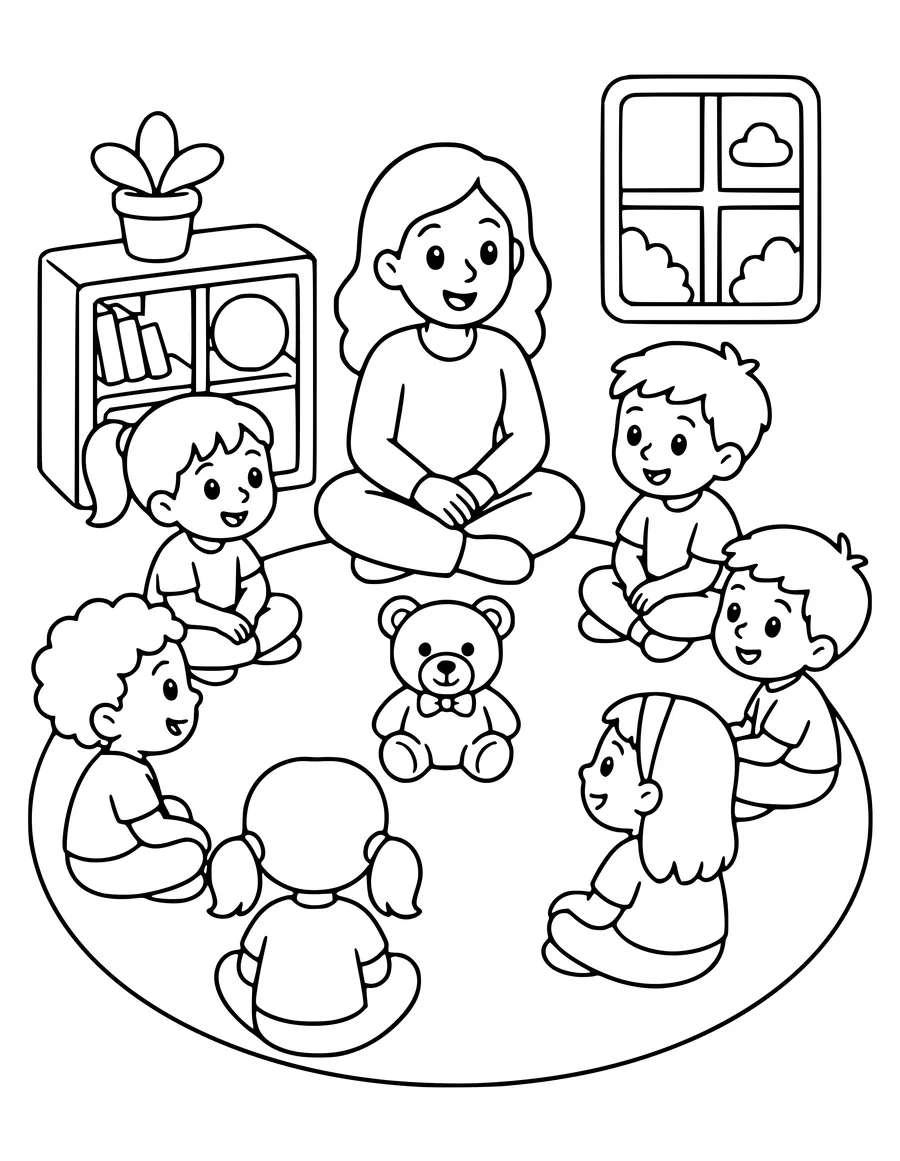 coloriage cercle du matin en maternelle
