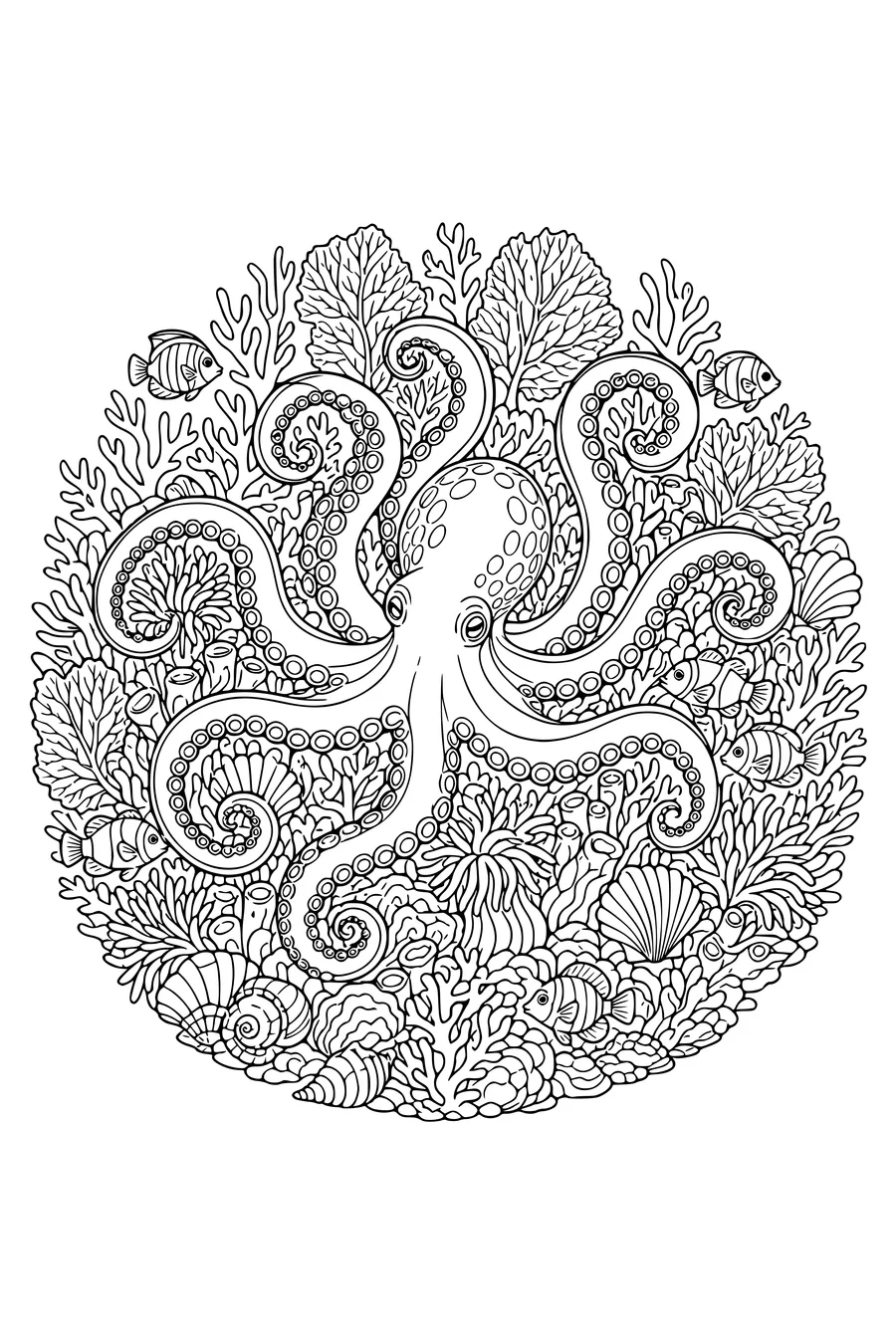 Intricate adult sea coloring page of an octopus moving through coral