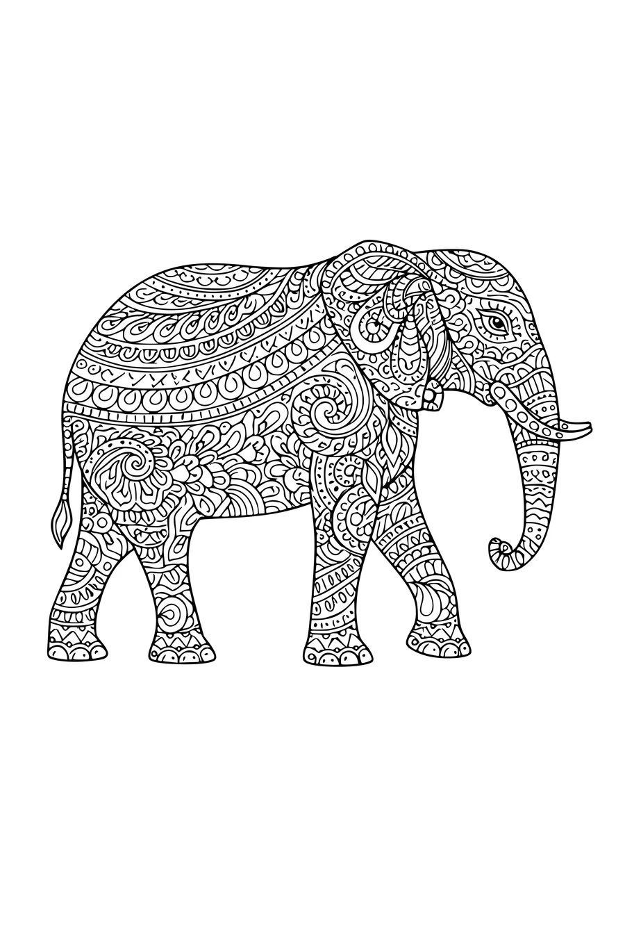 Coloring page of an elephant silhouette filled with ornamental pattern
