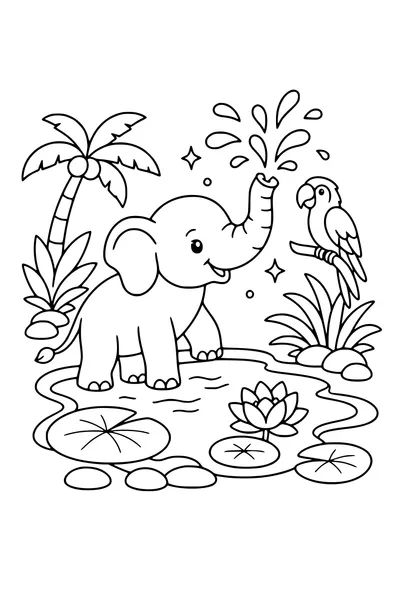 Medium coloring page of a young elephant spraying water beside a parrot