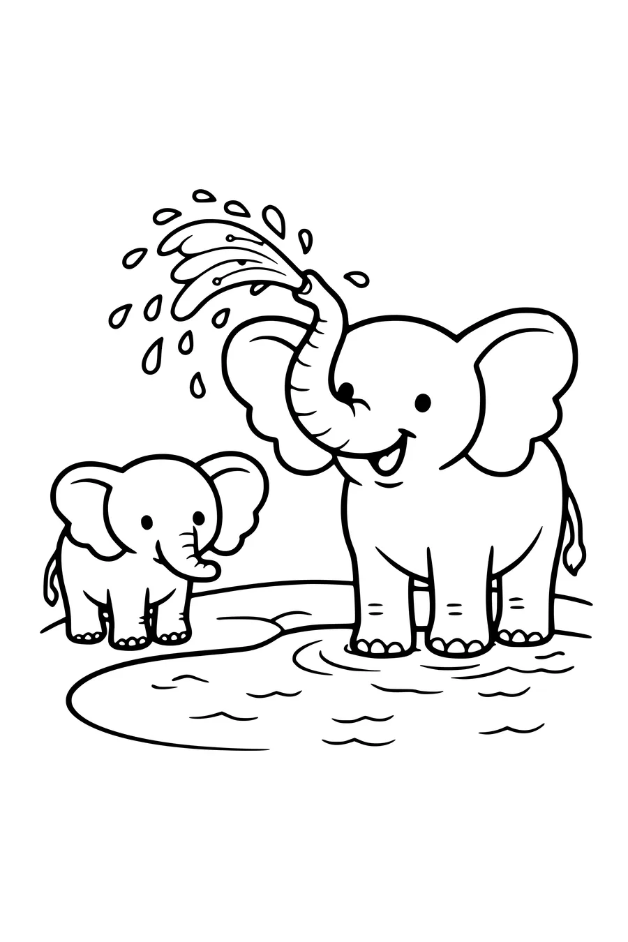 Kleurplaat van een olifant die water spuit bij een waterpoel met een kalfje