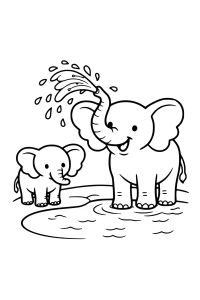 Coloring page of an elephant spraying water at a waterhole with a calf
