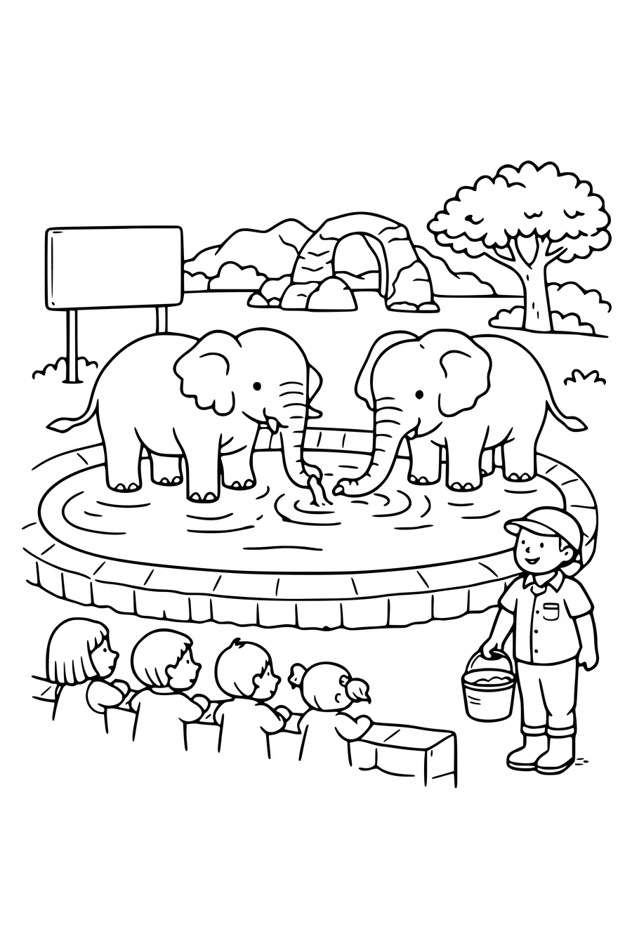 Coloring page of a zoo elephant enclosure with a keeper and children