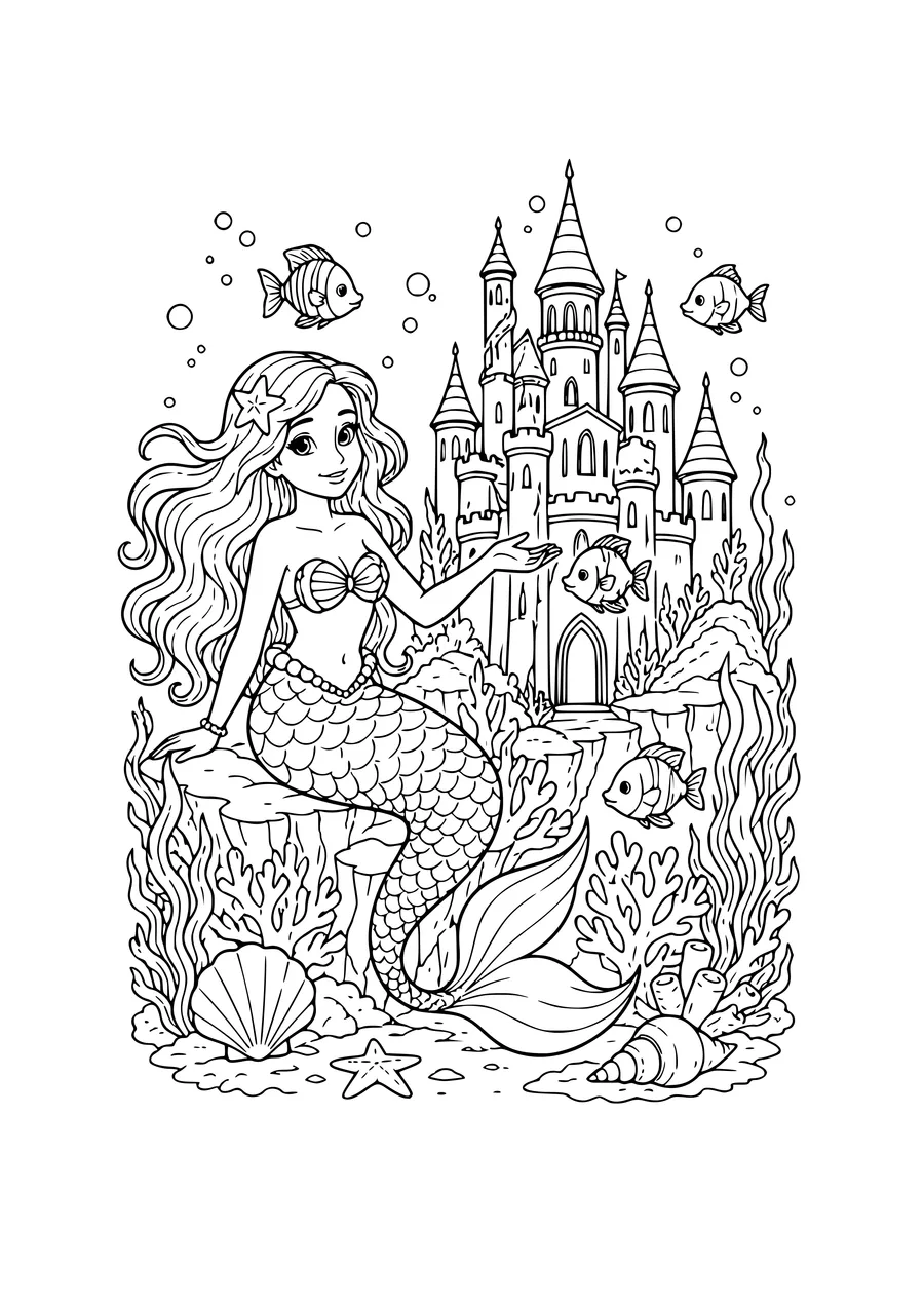 Free printable coloring page underwater castle with mermaid