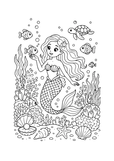 underwater world with mermaid coloring page