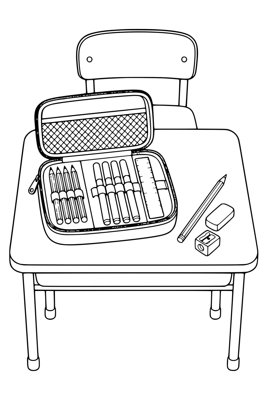 Free printable school coloring page of open pencil case on the school desk in class
