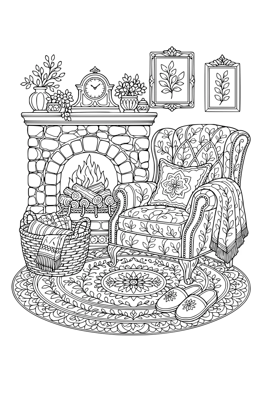 Intricate adult coloring page of an armchair beside a stone fireplace
