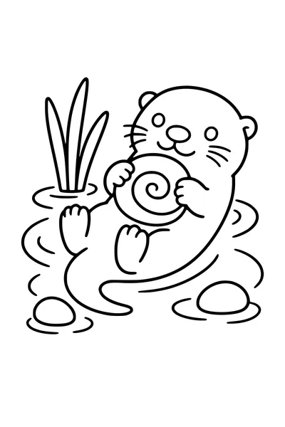 Easy cute coloring page of an otter floating with a spiral shell