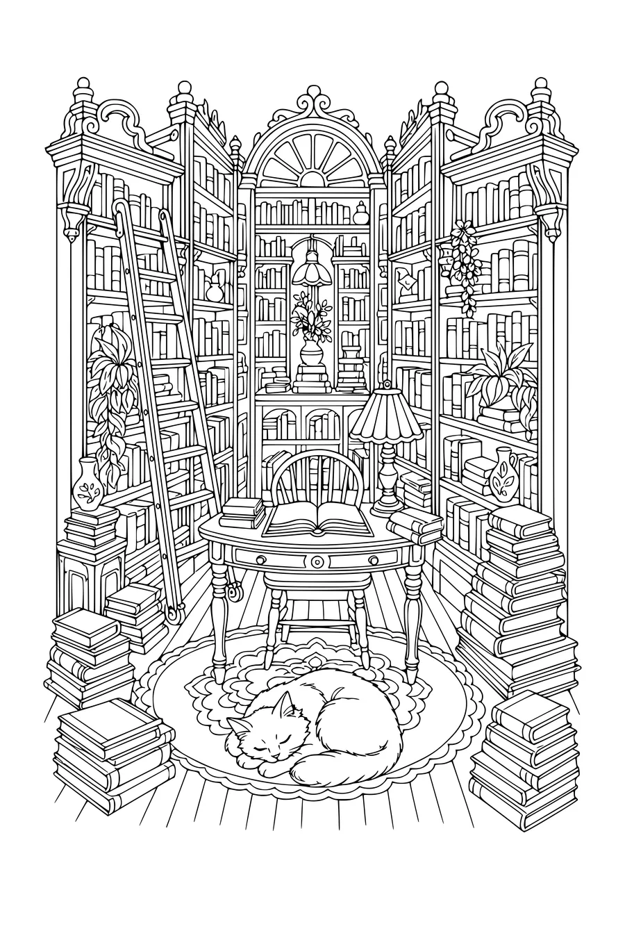 Intricate adult coloring page of an old bookshop with tall shelves and a cat