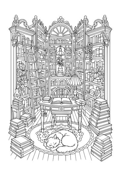 Intricate adult coloring page of an old bookshop with tall shelves and a cat
