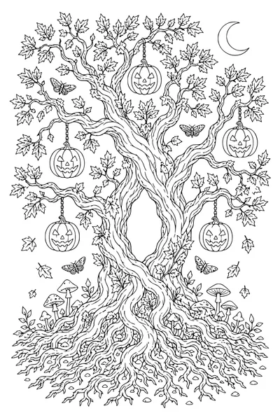 schwieriges Ausmalbild Halloween-Baum mit Laternen