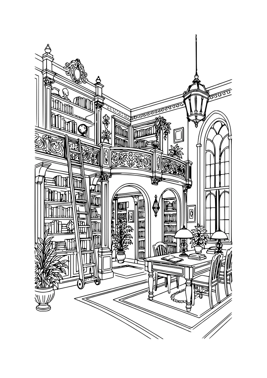 Coloriage difficile : vieille bibliothèque de ville très détaillée