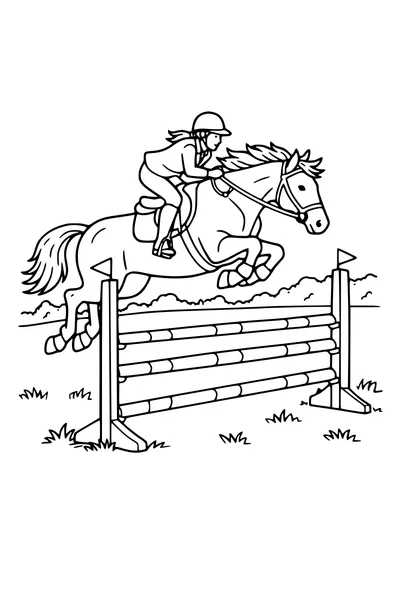 Coloring page of a horse jumping a fence with a rider
