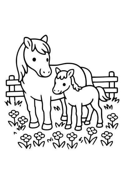 Coloring page of a mare standing with her foal in a meadow