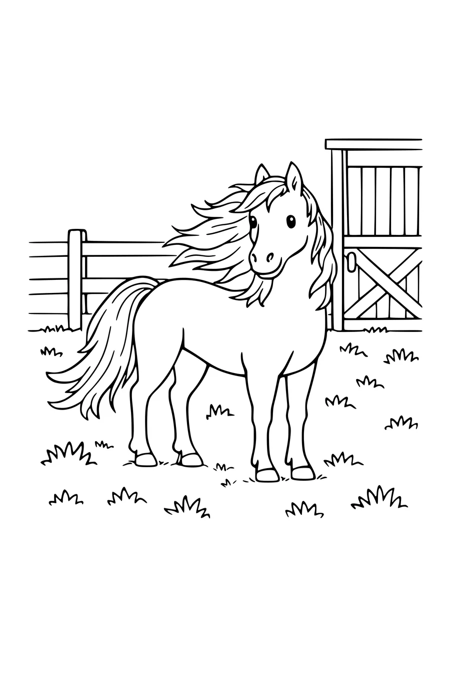 Kleurplaat van een paard in de wei naast een hek