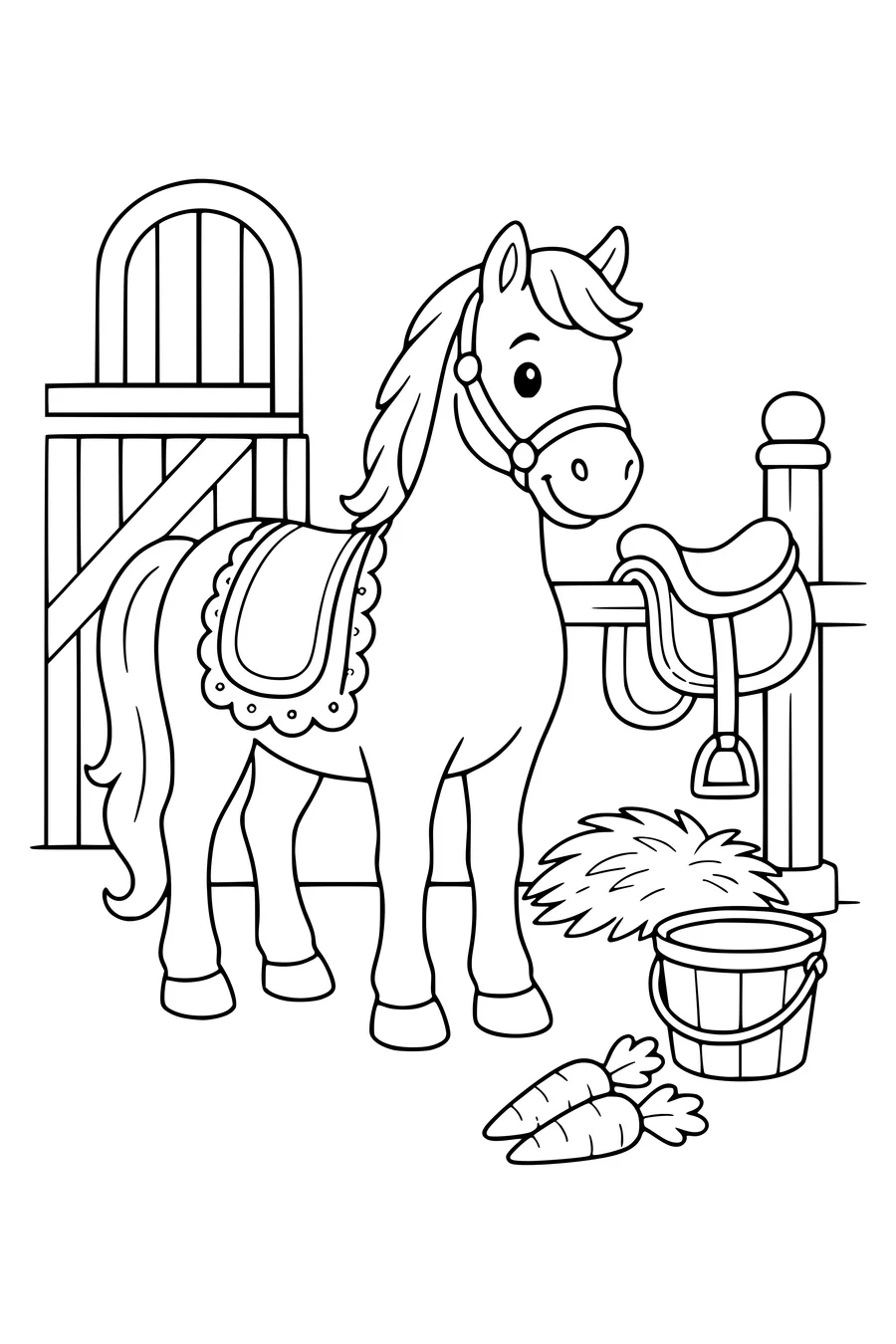 Coloring page of Saint Nicholas's horse waiting in a stable with carrots