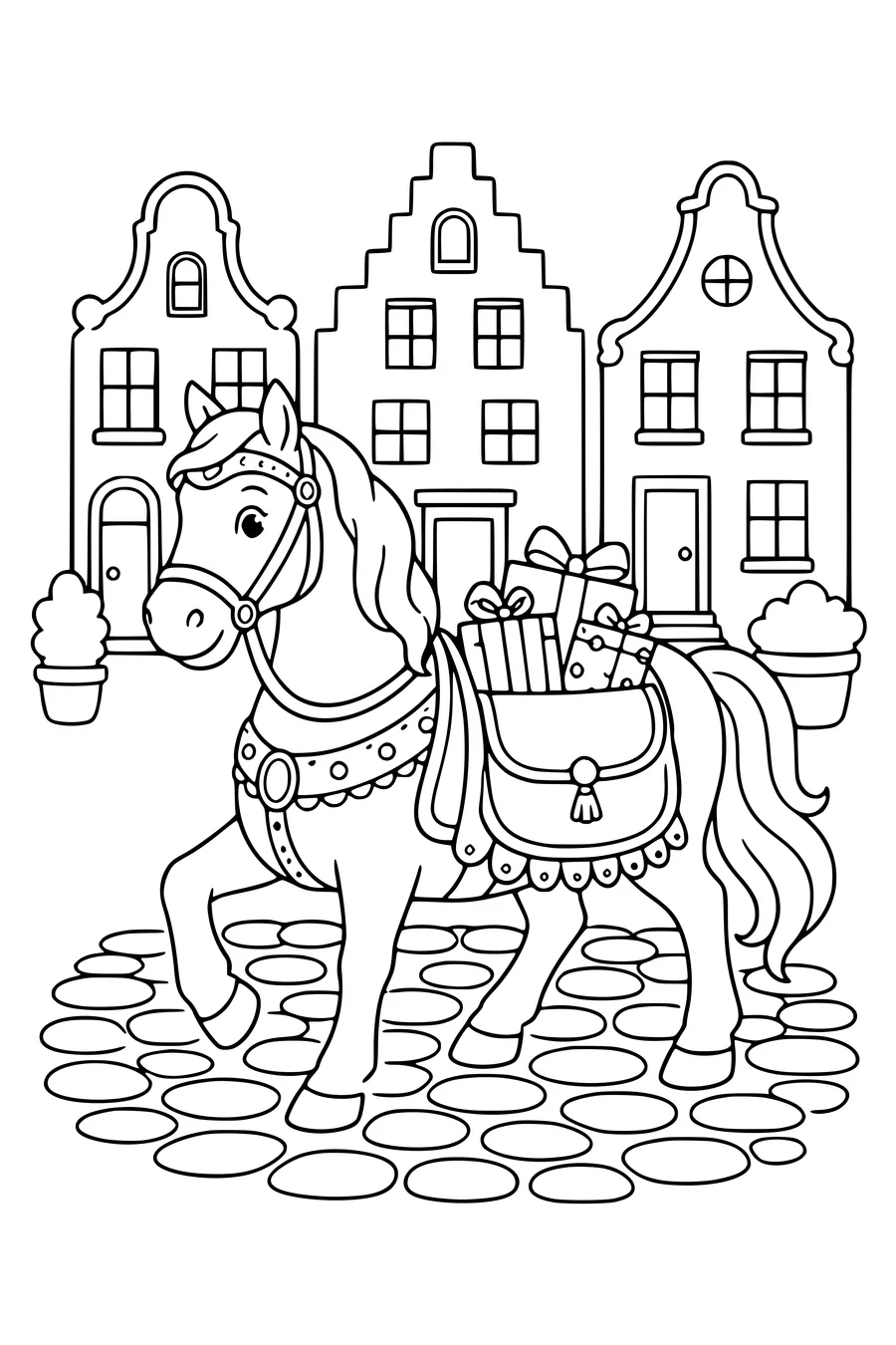 Free printable coloring page of saint nicholas’s horse in the street