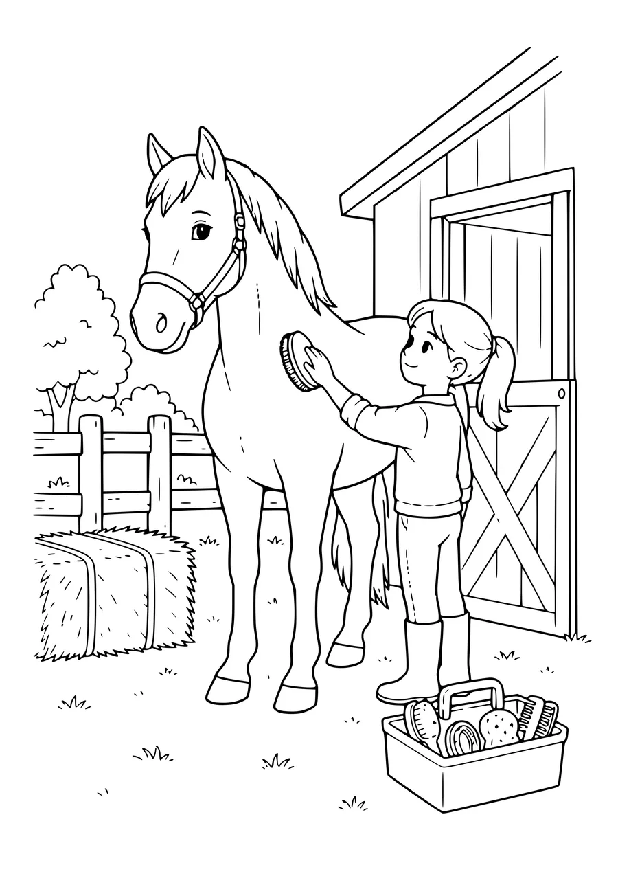 Free horses and ponies coloring page: horse being groomed