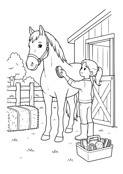 Free horses and ponies coloring page: horse being groomed